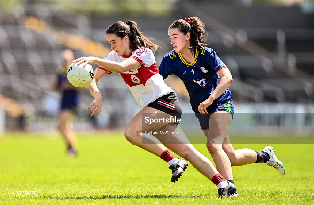 12 July 2026; Annie Ní Lochlainn of Derry is tackled by Síofra O'Neill of Carlow during the LGFA TG4 All-Ireland Junior Championship semi-final match between Carlow and Derry at Kingspan Breffni in Cavan. Photo by Ben McShane/Sportsfile