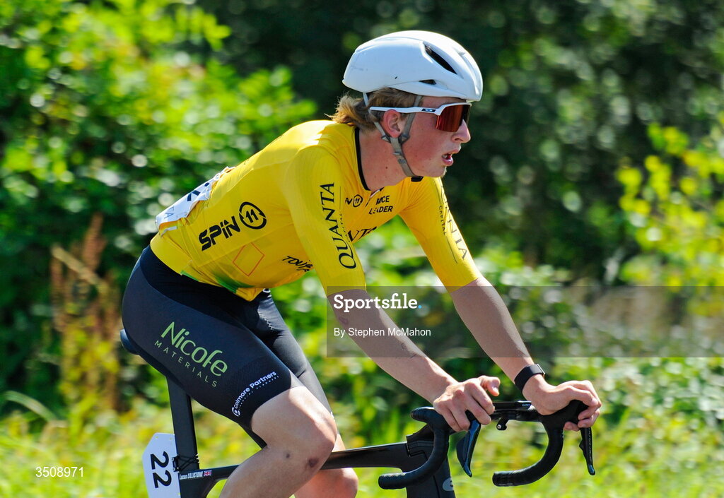 12 July 2026; Race leader Lucas Lillistone of Halesowen Academy-Mapei during Stage 6 of 2026 Junior Tour of Ireland in Ennis. Photo by Stephen McMahon/Sportsfile
