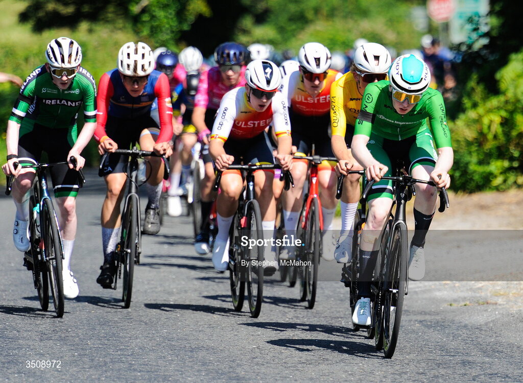 12 July 2026; Points leader Rian McCrystal of Cycling Ireland during Stage 6 of 2026 Junior Tour of Ireland in Ennis. Photo by Stephen McMahon/Sportsfile