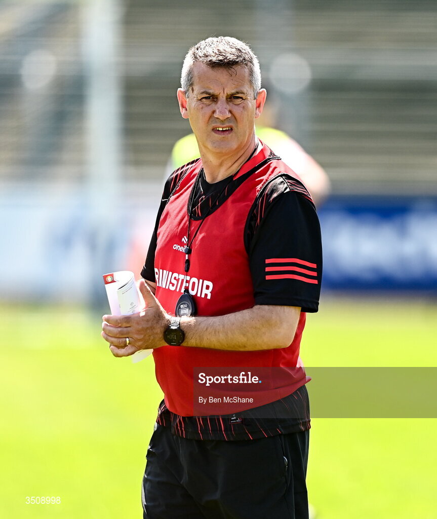 12 July 2026; Derry manager Greg McArdle before the LGFA TG4 All-Ireland Junior Championship semi-final match between Carlow and Derry at Kingspan Breffni in Cavan. Photo by Ben McShane/Sportsfile