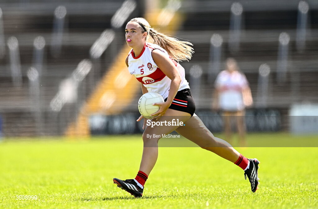 12 July 2026; Anna Donnelly of Derry during the LGFA TG4 All-Ireland Junior Championship semi-final match between Carlow and Derry at Kingspan Breffni in Cavan. Photo by Ben McShane/Sportsfile