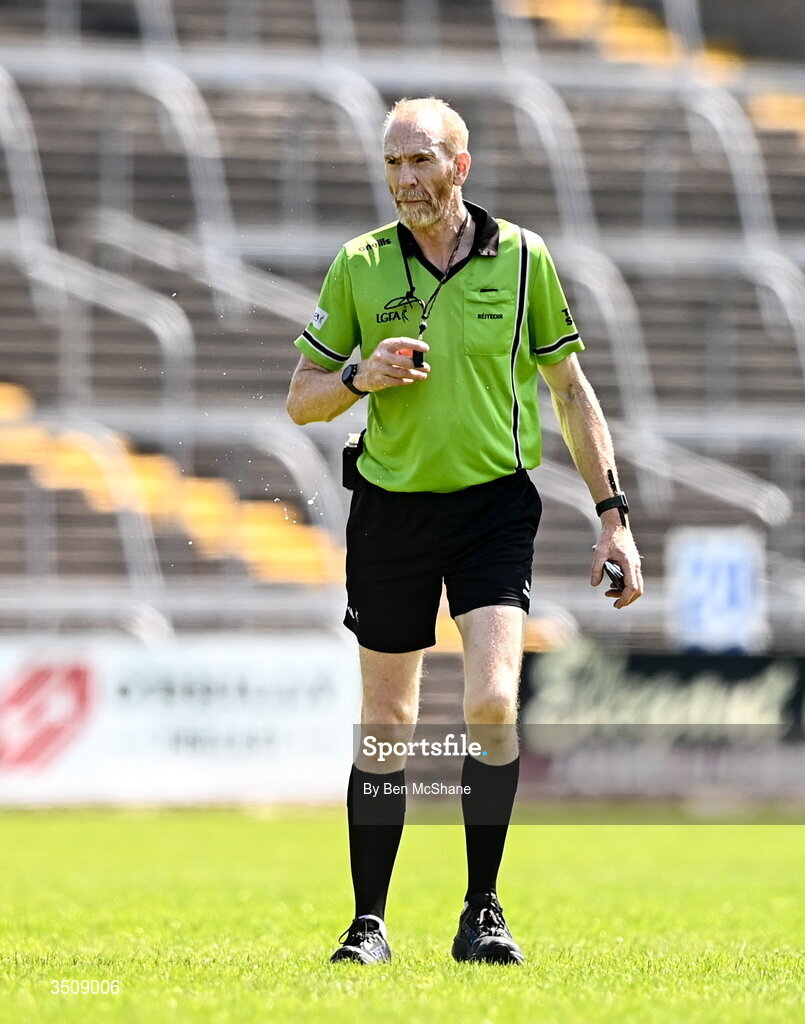 12 July 2026; Referee Gerard Canny during the LGFA TG4 All-Ireland Junior Championship semi-final match between Carlow and Derry at Kingspan Breffni in Cavan. Photo by Ben McShane/Sportsfile