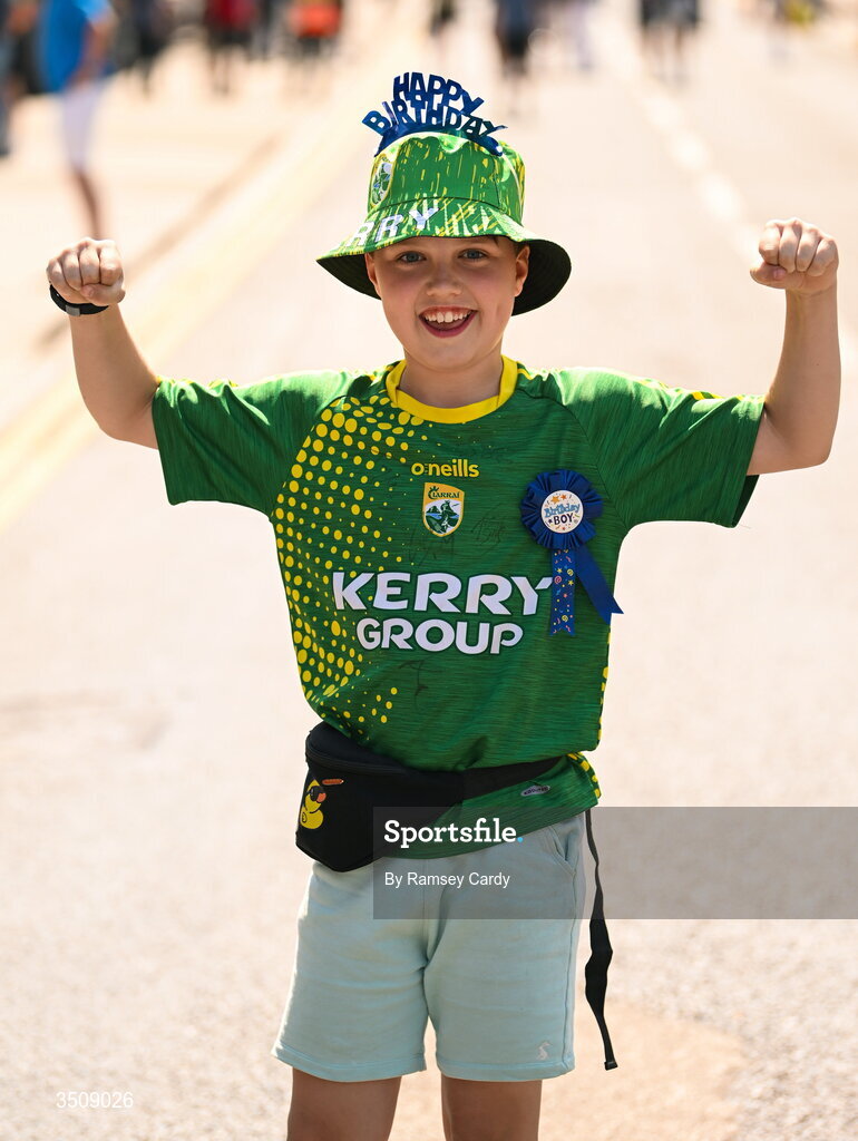 12 July 2026; Kerry supporter Fionn Mulhall, on his 11th birthday, before the GAA Football All-Ireland Senior Championship semi-final match between Dublin and Kerry at Croke Park in Dublin. Photo by Ramsey Cardy/Sportsfile