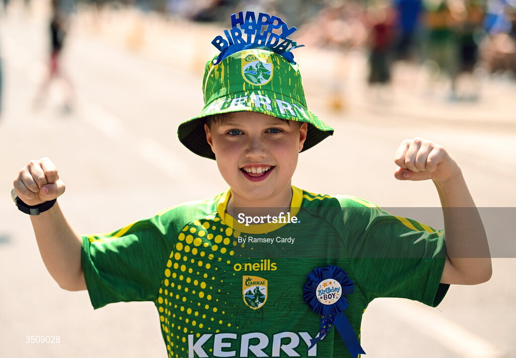 12 July 2026; Kerry supporter Fionn Mulhall, on his 11th birthday, before the GAA Football All-Ireland Senior Championship semi-final match between Dublin and Kerry at Croke Park in Dublin. Photo by Ramsey Cardy/Sportsfile