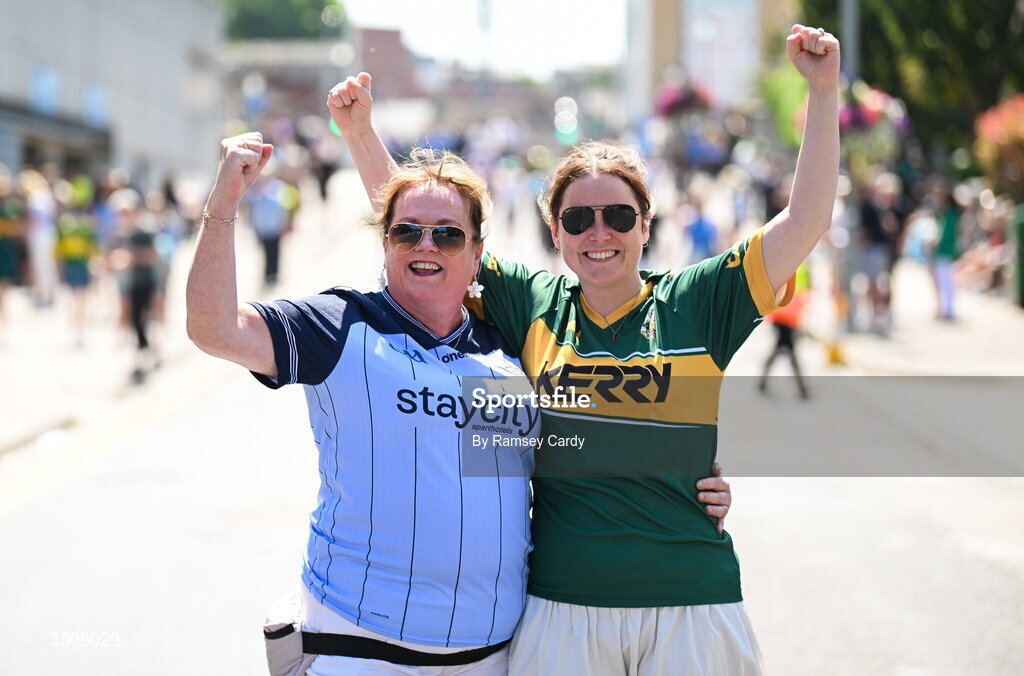 12 July 2026; Dublin supporter Niamh Nolan, left, and Kerry supporter Aoife Fitzpatrick before the GAA Football All-Ireland Senior Championship semi-final match between Dublin and Kerry at Croke Park in Dublin. Photo by Ramsey Cardy/Sportsfile