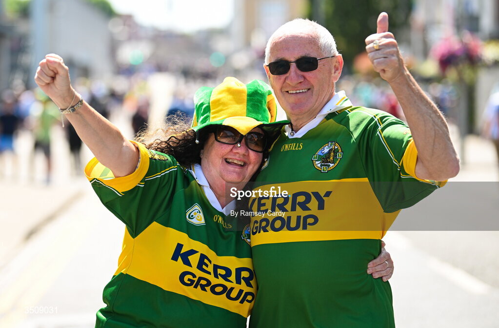 12 July 2026; Kerry supporters Elaine Moloney and Eamonn Stack, from Listowel, before the GAA Football All-Ireland Senior Championship semi-final match between Dublin and Kerry at Croke Park in Dublin. Photo by Ramsey Cardy/Sportsfile