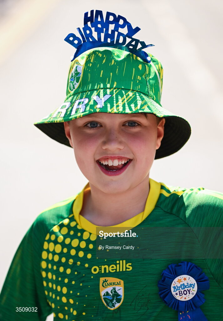 12 July 2026; Kerry supporter Fionn Mulhall, on his 11th birthday, before the GAA Football All-Ireland Senior Championship semi-final match between Dublin and Kerry at Croke Park in Dublin. Photo by Ramsey Cardy/Sportsfile