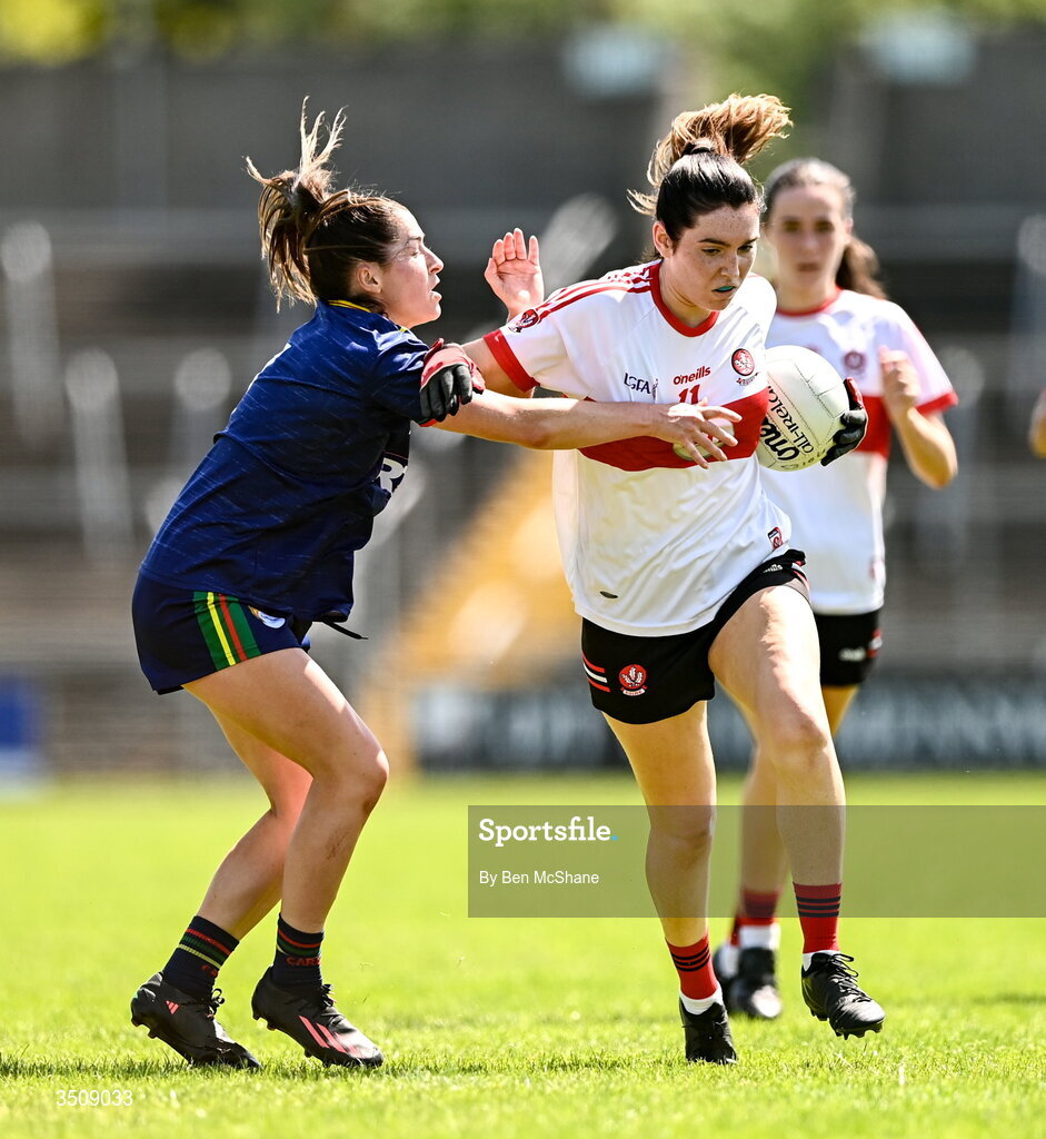 12 July 2026; Orla McGeough of Derry is tackled by Ruth Bermingham of Carlow during the LGFA TG4 All-Ireland Junior Championship semi-final match between Carlow and Derry at Kingspan Breffni in Cavan. Photo by Ben McShane/Sportsfile