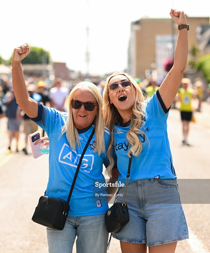 12 July 2026; Dublin supporters Fiona, left, and Chloe Ralph, from Lucan, before the GAA Football All-Ireland Senior Championship semi-final match between Dublin and Kerry at Croke Park in Dublin. Photo by Ramsey Cardy/Sportsfile