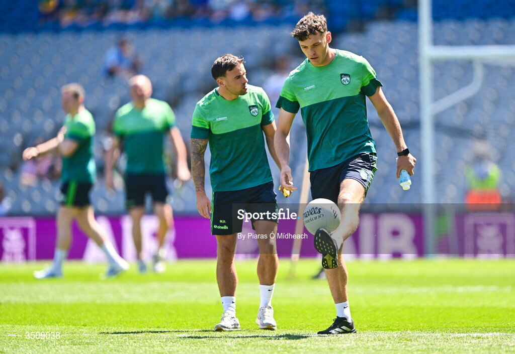 12 July 2026; Kerry players David Clifford, right, and Micheál Burns walk the pitch before the GAA Football All-Ireland Senior Championship semi-final match between Dublin and Kerry at Croke Park in Dublin. Photo by Piaras Ó Mídheach/Sportsfile