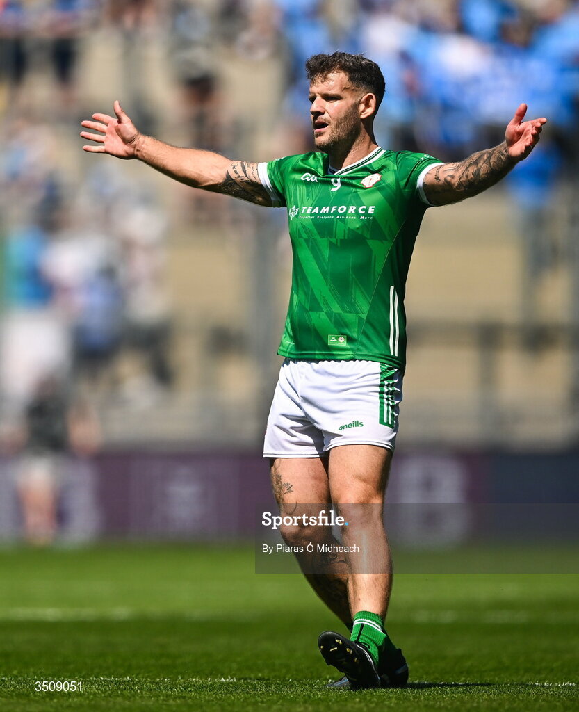 12 July 2026; Noel Maher of London celebrates kicking a two-pointer from a free during the GAA Football All-Ireland Junior Championship Final match between USGAA and London at Croke Park in Dublin. Photo by Piaras Ó Mídheach/Sportsfile