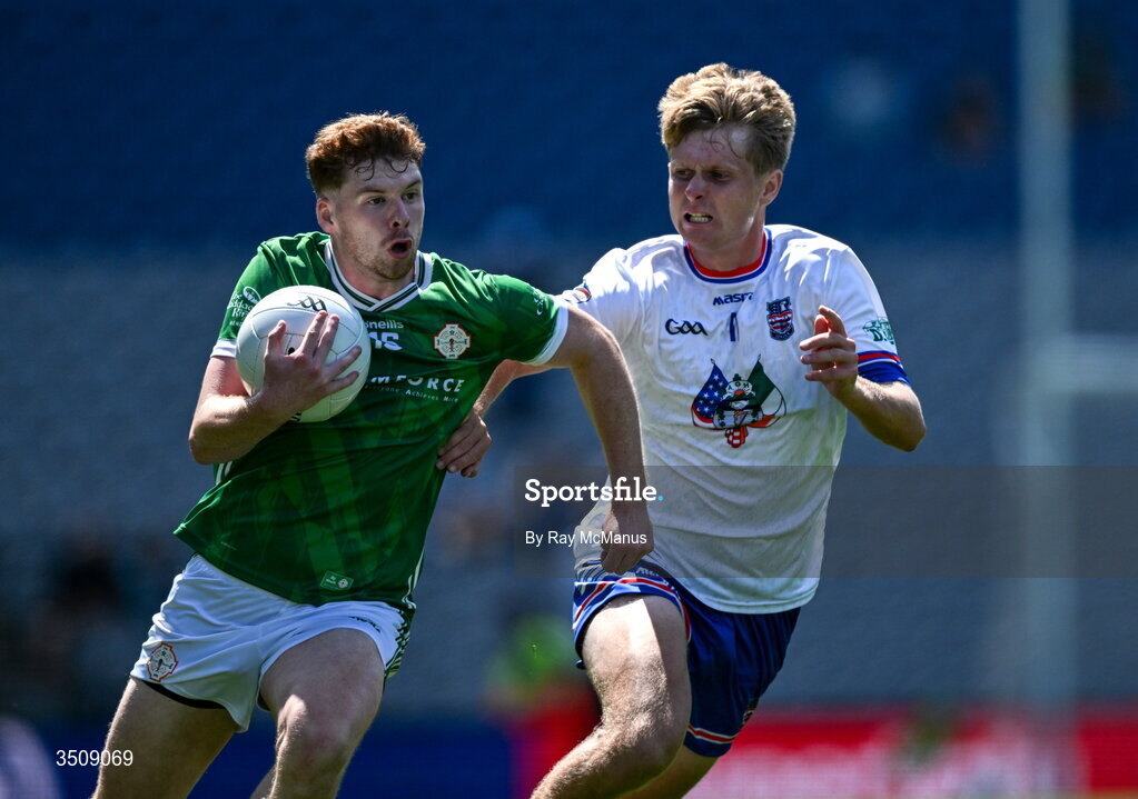 12 July 2026; Conor Redican of London is tackled by Brian McDaid of USGAA during the GAA Football All-Ireland Junior Championship Final match between USGAA and London at Croke Park in Dublin. Photo by Ray McManus/Sportsfile
