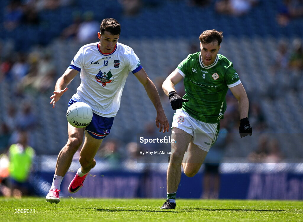 12 July 2026; Eoin Gormley of USGAA in action against Ryan McCready of London during the GAA Football All-Ireland Junior Championship Final match between USGAA and London at Croke Park in Dublin. Photo by Ray McManus/Sportsfile