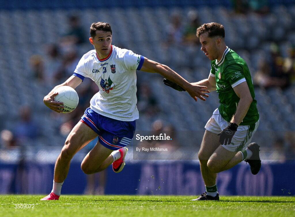 12 July 2026; Eoin Gormley of USGAA in action against Ryan McCready of London during the GAA Football All-Ireland Junior Championship Final match between USGAA and London at Croke Park in Dublin. Photo by Ray McManus/Sportsfile