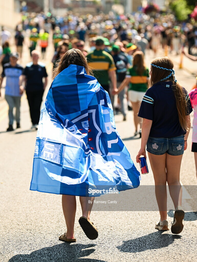 12 July 2026; Dublin supporters walk up Jones' Road before the GAA Football All-Ireland Senior Championship semi-final match between Dublin and Kerry at Croke Park in Dublin. Photo by Ramsey Cardy/Sportsfile
