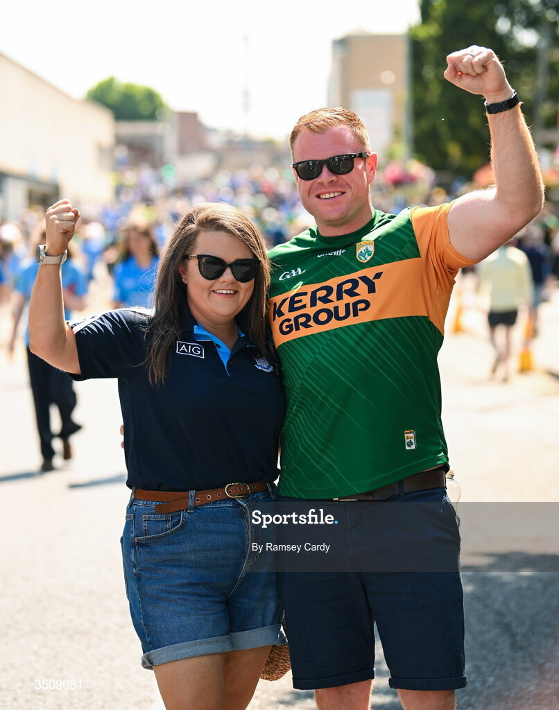 12 July 2026; Dublin supporter Emma Donnelly and Kerry supporter Nigel O'Shea before the GAA Football All-Ireland Senior Championship semi-final match between Dublin and Kerry at Croke Park in Dublin. Photo by Ramsey Cardy/Sportsfile