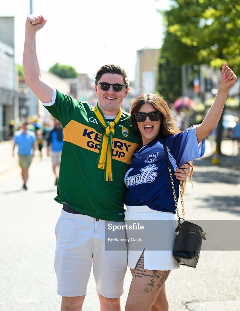12 July 2026; Kerry supporter Liam O'Connell and Dublin supporter Vanessa O'Donoghue before the GAA Football All-Ireland Senior Championship semi-final match between Dublin and Kerry at Croke Park in Dublin. Photo by Ramsey Cardy/Sportsfile