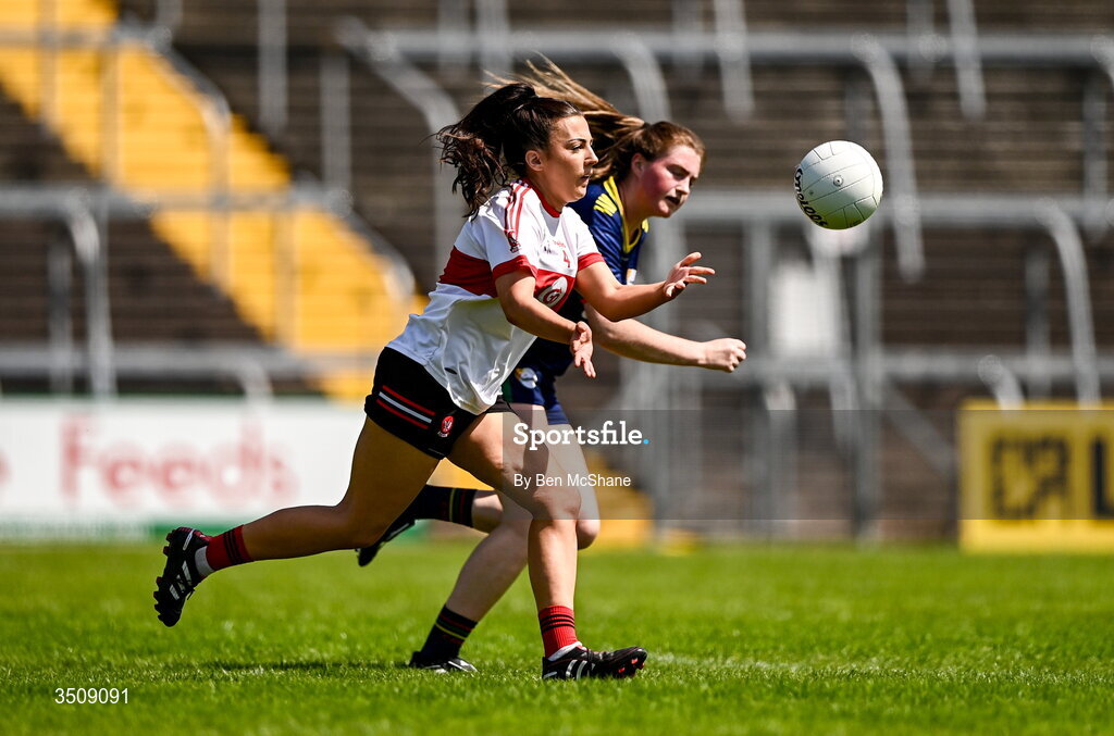 12 July 2026; Joanne Corr of Derry in action against Aibha Kiernan of Carlow during the LGFA TG4 All-Ireland Junior Championship semi-final match between Carlow and Derry at Kingspan Breffni in Cavan. Photo by Ben McShane/Sportsfile