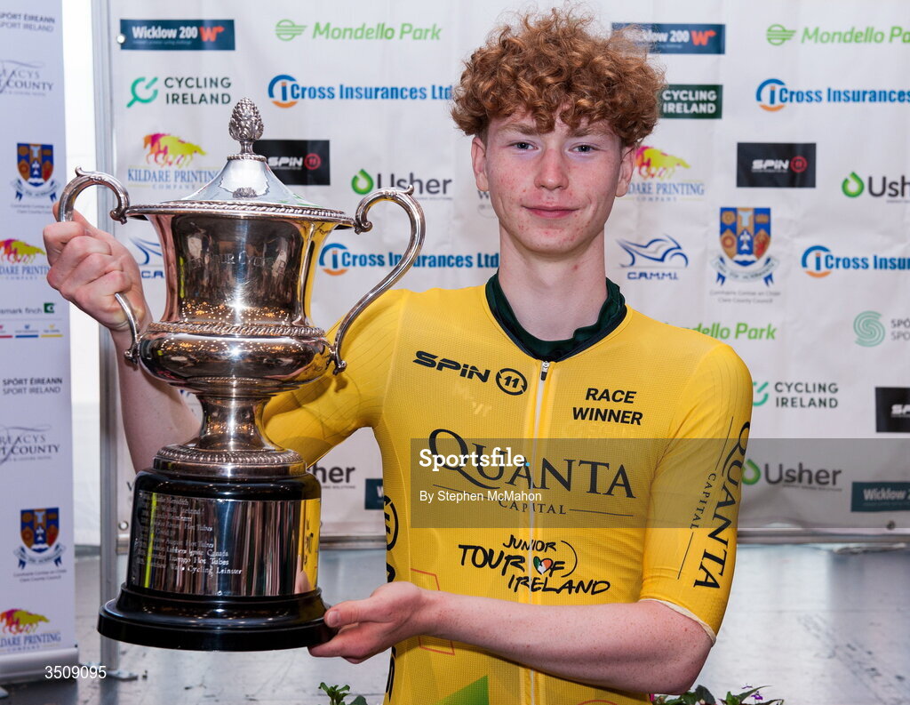 12 July 2026; Rian McCrystal of Cycling Ireland with a trophy after winning the 2026 Junior Tour of Ireland in Ennis. Photo by Stephen McMahon/Sportsfile