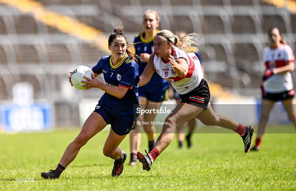 12 July 2026; Ruth Bermingham of Carlow in action against Anna Donnelly of Derry during the LGFA TG4 All-Ireland Junior Championship semi-final match between Carlow and Derry at Kingspan Breffni in Cavan. Photo by Ben McShane/Sportsfile