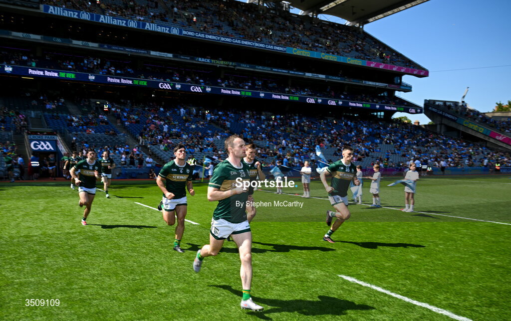 12 July 2026; Kerry players, including Tom O'Sullivan, centre, run out onto the pitch ahead of the GAA Football All-Ireland Senior Championship semi-final match between Dublin and Kerry at Croke Park in Dublin. Photo by Stephen McCarthy/Sportsfile
