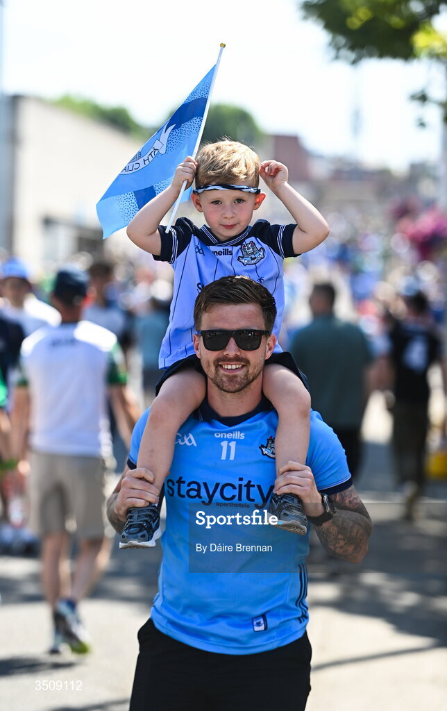 12 July 2026; Dublin supporters Declan McNevin, and his son Bennett McNevin, aged 4, from Swords, Dublin, ahead of the GAA Football All-Ireland Senior Championship semi-final match between Dublin and Kerry at Croke Park in Dublin. Photo by Daire Brennan/Sportsfile
