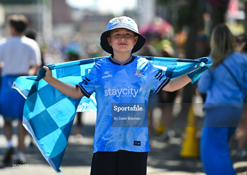12 July 2026; Dublin supporter Alex Hanlon. aged 9, from Artane, Co Dublin, ahead of the GAA Football All-Ireland Senior Championship semi-final match between Dublin and Kerry at Croke Park in Dublin. Photo by Daire Brennan/Sportsfile