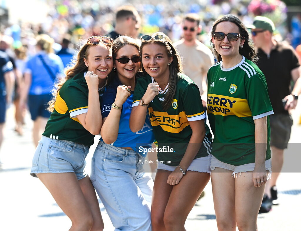 12 July 2026; Supporters, left to right, Sinead Kinahan, from Scartaglen, Kerry, Alesha Dalton, from Dalkey, Dublin, Sarah Lynch, from Kells Bay, Kerry, and Sadhbh Kinahan, from Scartaglen, Kerry, ahead of the GAA Football All-Ireland Senior Championship semi-final match between Dublin and Kerry at Croke Park in Dublin. Photo by Daire Brennan/Sportsfile