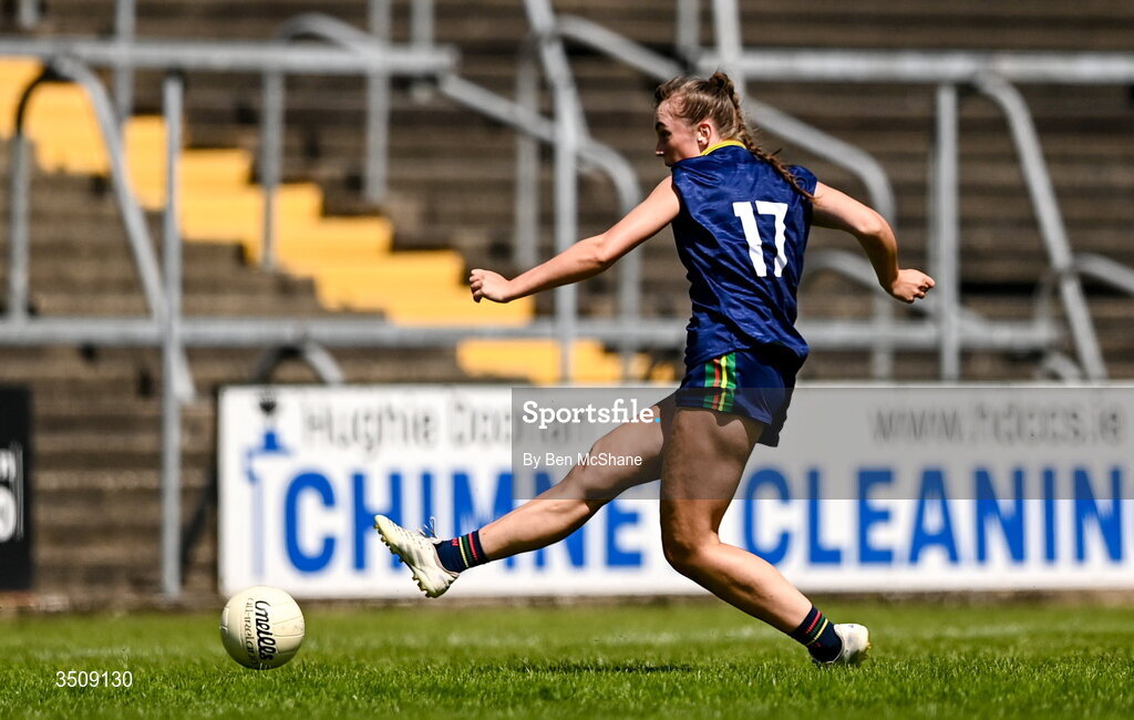 12 July 2026; Megan Townsend of Carlow scores her side's fourth goal during the LGFA TG4 All-Ireland Junior Championship semi-final match between Carlow and Derry at Kingspan Breffni in Cavan. Photo by Ben McShane/Sportsfile
