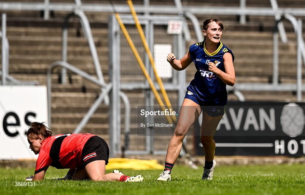 12 July 2026; Megan Townsend of Carlow celebrates after scoring her side's fourth goal during the LGFA TG4 All-Ireland Junior Championship semi-final match between Carlow and Derry at Kingspan Breffni in Cavan. Photo by Ben McShane/Sportsfile