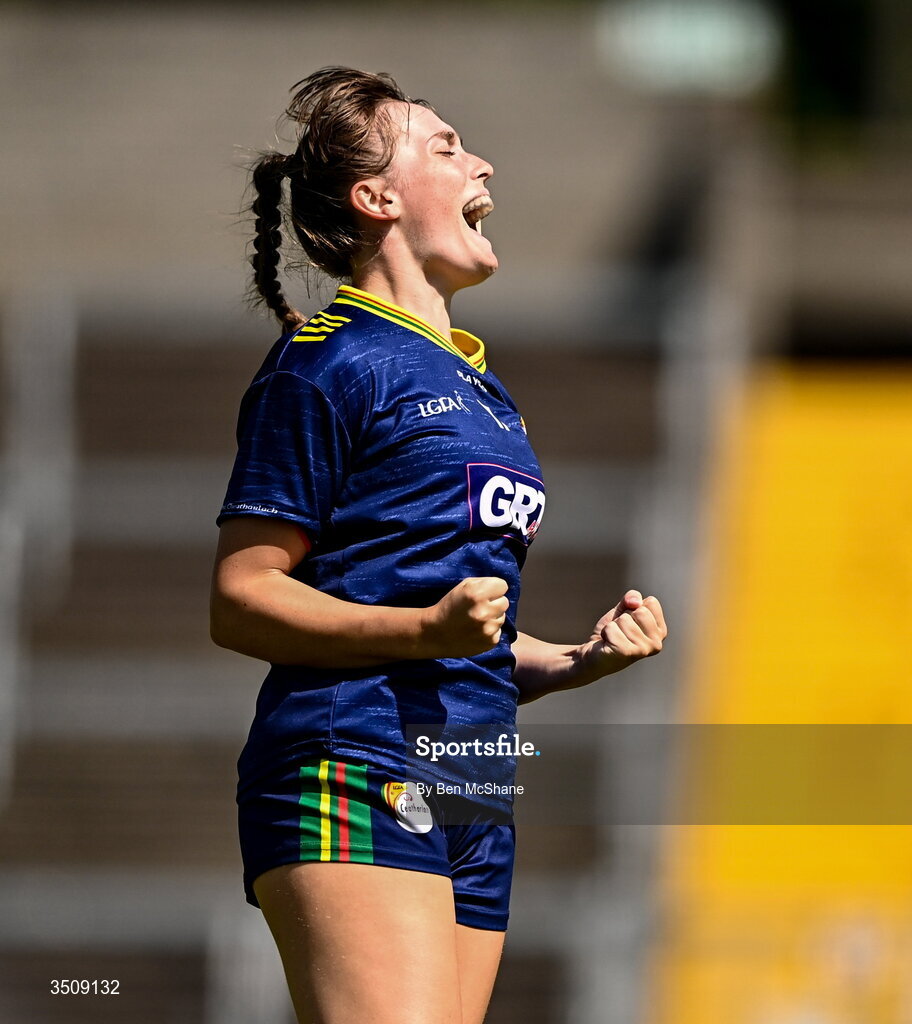 12 July 2026; Megan Townsend of Carlow celebrates at the final whistle of the LGFA TG4 All-Ireland Junior Championship semi-final match between Carlow and Derry at Kingspan Breffni in Cavan. Photo by Ben McShane/Sportsfile