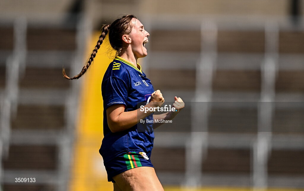 12 July 2026; Megan Townsend of Carlow celebrates at the final whistle of the LGFA TG4 All-Ireland Junior Championship semi-final match between Carlow and Derry at Kingspan Breffni in Cavan. Photo by Ben McShane/Sportsfile