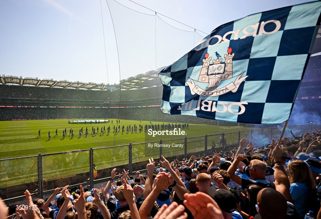 12 July 2026; The Dublin and Kerry teams parade behind The Artane Band before the GAA Football All-Ireland Senior Championship semi-final match between Dublin and Kerry at Croke Park in Dublin. Photo by Ramsey Cardy/Sportsfile