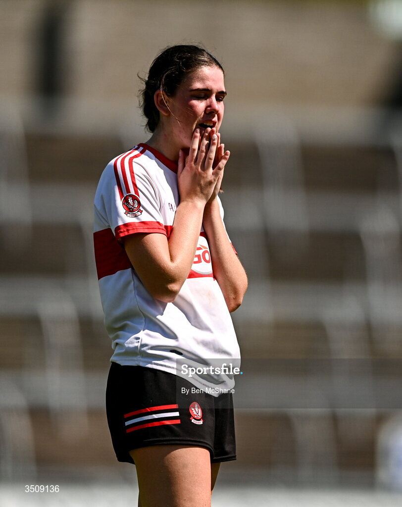 12 July 2026; A dejected Cara Donnelly of Derry reacts after the LGFA TG4 All-Ireland Junior Championship semi-final match between Carlow and Derry at Kingspan Breffni in Cavan. Photo by Ben McShane/Sportsfile