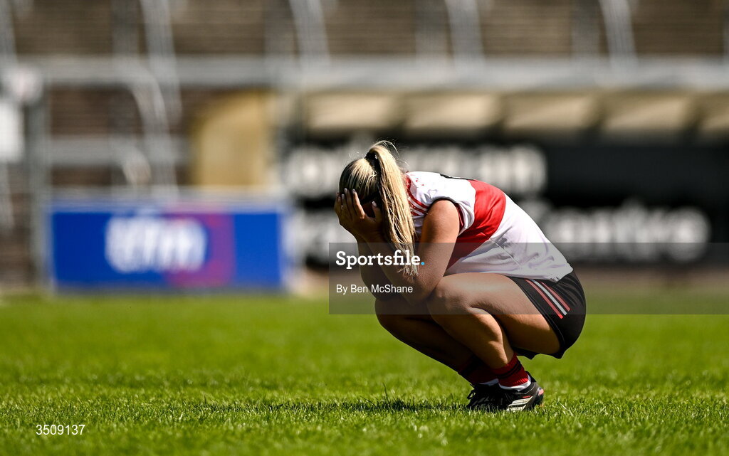 12 July 2026; Anna Donnelly of Derry reacts after the LGFA TG4 All-Ireland Junior Championship semi-final match between Carlow and Derry at Kingspan Breffni in Cavan. Photo by Ben McShane/Sportsfile
