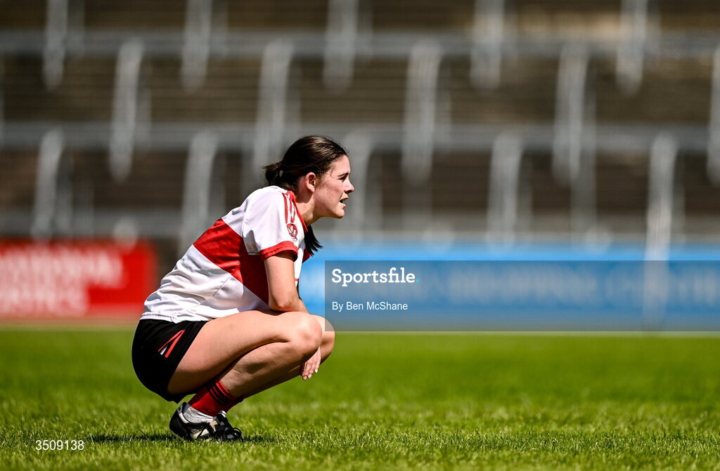 12 July 2026; Cara Donnelly of Derry reacts after the LGFA TG4 All-Ireland Junior Championship semi-final match between Carlow and Derry at Kingspan Breffni in Cavan. Photo by Ben McShane/Sportsfile