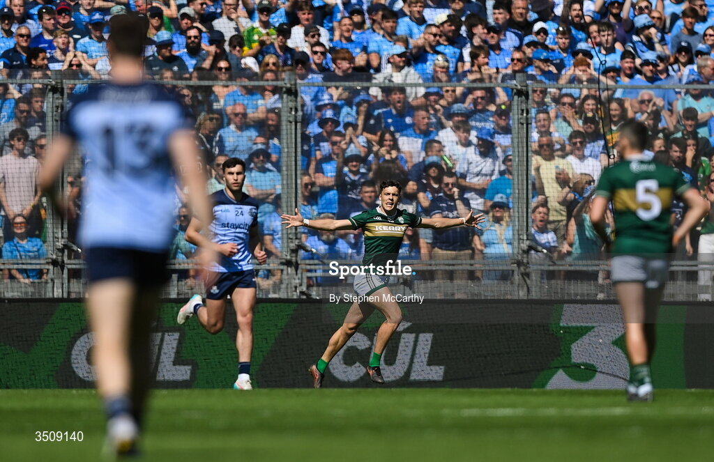 12 July 2026; David Clifford of Kerry celebrates after scoring his side's first goal during the GAA Football All-Ireland Senior Championship semi-final match between Dublin and Kerry at Croke Park in Dublin. Photo by Stephen McCarthy/Sportsfile