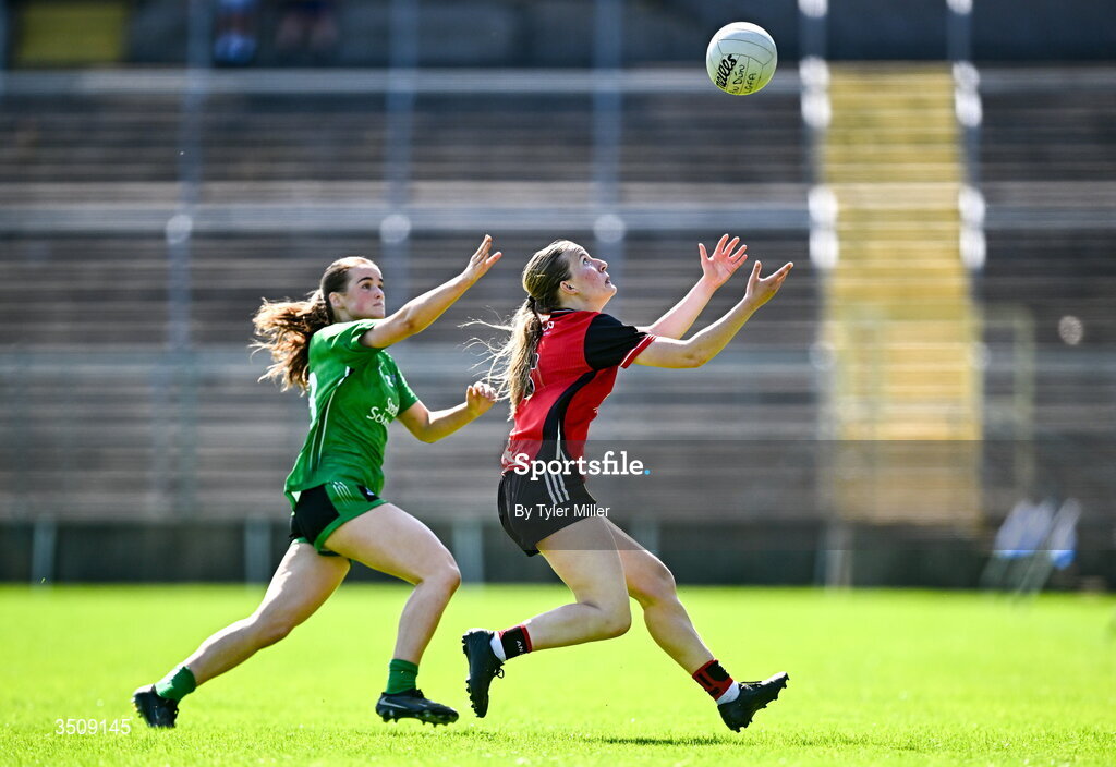 12 July 2026; Niamh Edgar of Down in action against Sinead Barrett of Fermanagh during the LGFA TG4 All-Ireland Intermediate Championship semi-final match between Down and Fermanagh at St Tiernach’s Park in Clones, Monaghan. Photo by Tyler Miller/Sportsfile