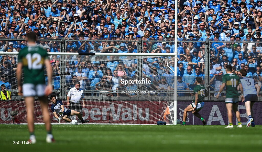 12 July 2026; Dublin goalkeeper Evan Comerford saves a penalty kick by David Clifford of Kerry during the GAA Football All-Ireland Senior Championship semi-final match between Dublin and Kerry at Croke Park in Dublin. Photo by Stephen McCarthy/Sportsfile