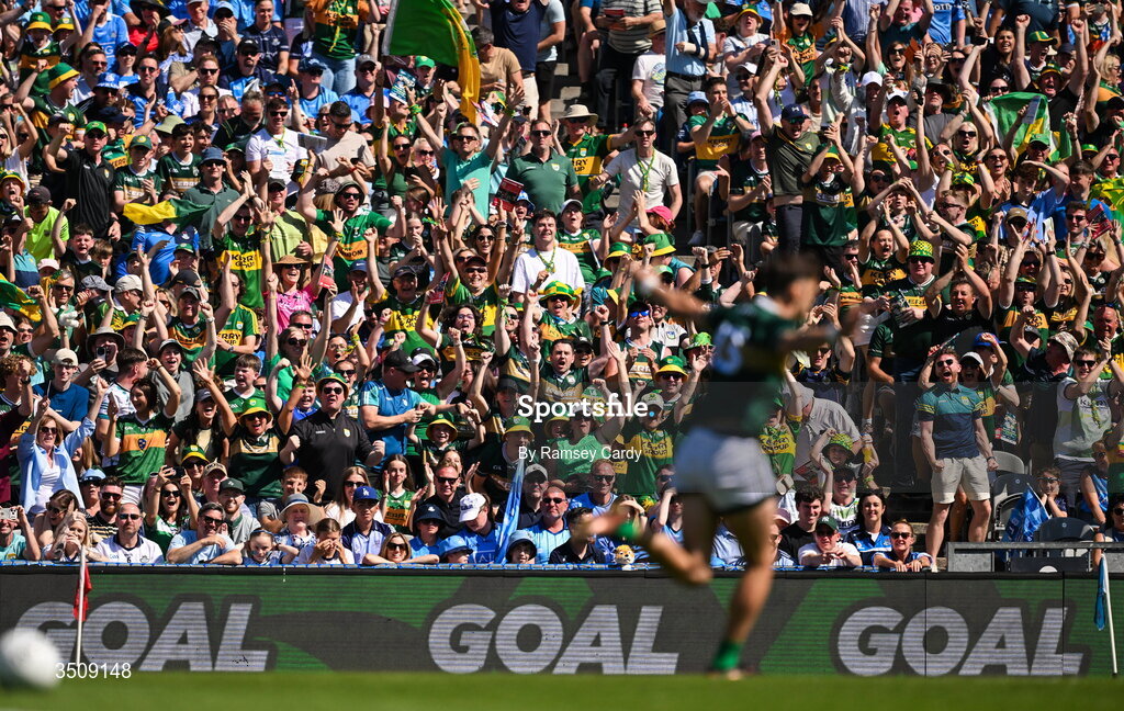 12 July 2026; Kerry supporters celebrate their side's first goal, scored by David Clifford, during the GAA Football All-Ireland Senior Championship semi-final match between Dublin and Kerry at Croke Park in Dublin. Photo by Ramsey Cardy/Sportsfile