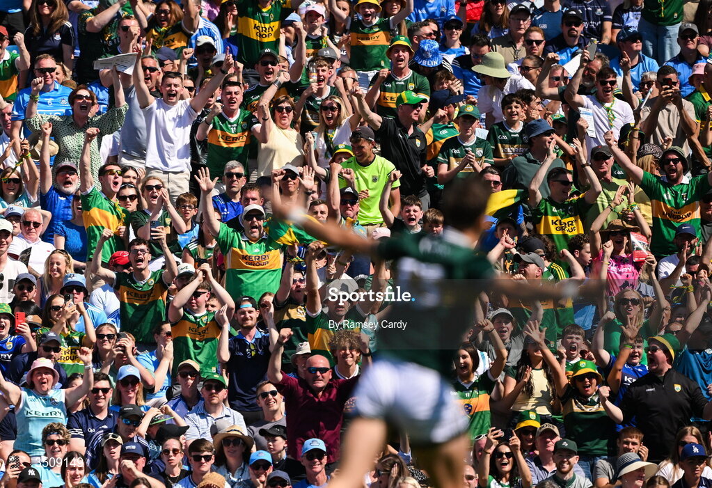 12 July 2026; Kerry supporters celebrate their side's first goal, scored by David Clifford, during the GAA Football All-Ireland Senior Championship semi-final match between Dublin and Kerry at Croke Park in Dublin. Photo by Ramsey Cardy/Sportsfile