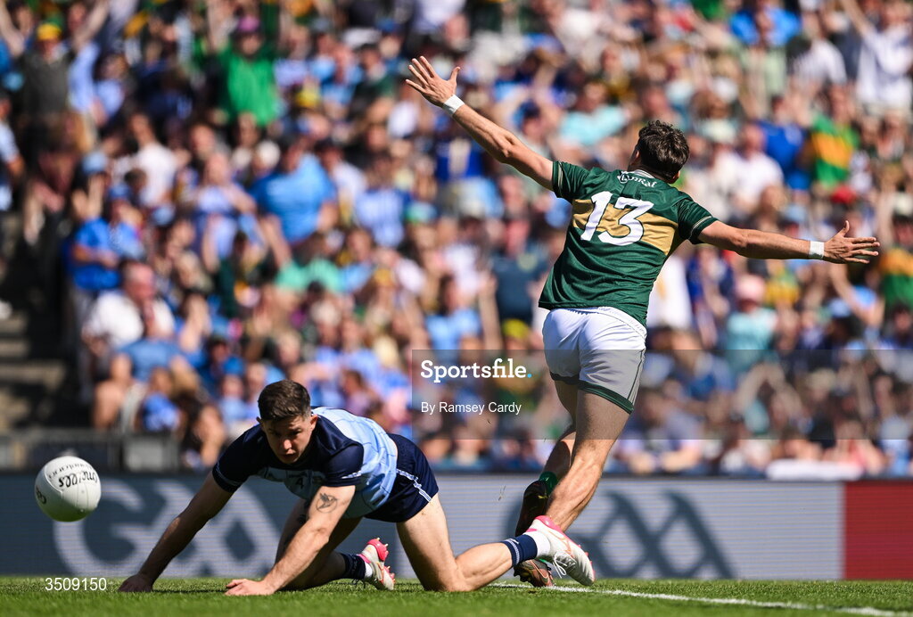 12 July 2026; David Clifford of Kerry celebrates after scoring his side's first goal during the GAA Football All-Ireland Senior Championship semi-final match between Dublin and Kerry at Croke Park in Dublin. Photo by Ramsey Cardy/Sportsfile