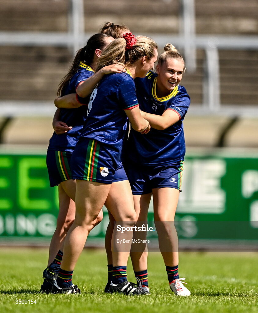 12 July 2026; Carlow players celebrate after the LGFA TG4 All-Ireland Junior Championship semi-final match between Carlow and Derry at Kingspan Breffni in Cavan. Photo by Ben McShane/Sportsfile