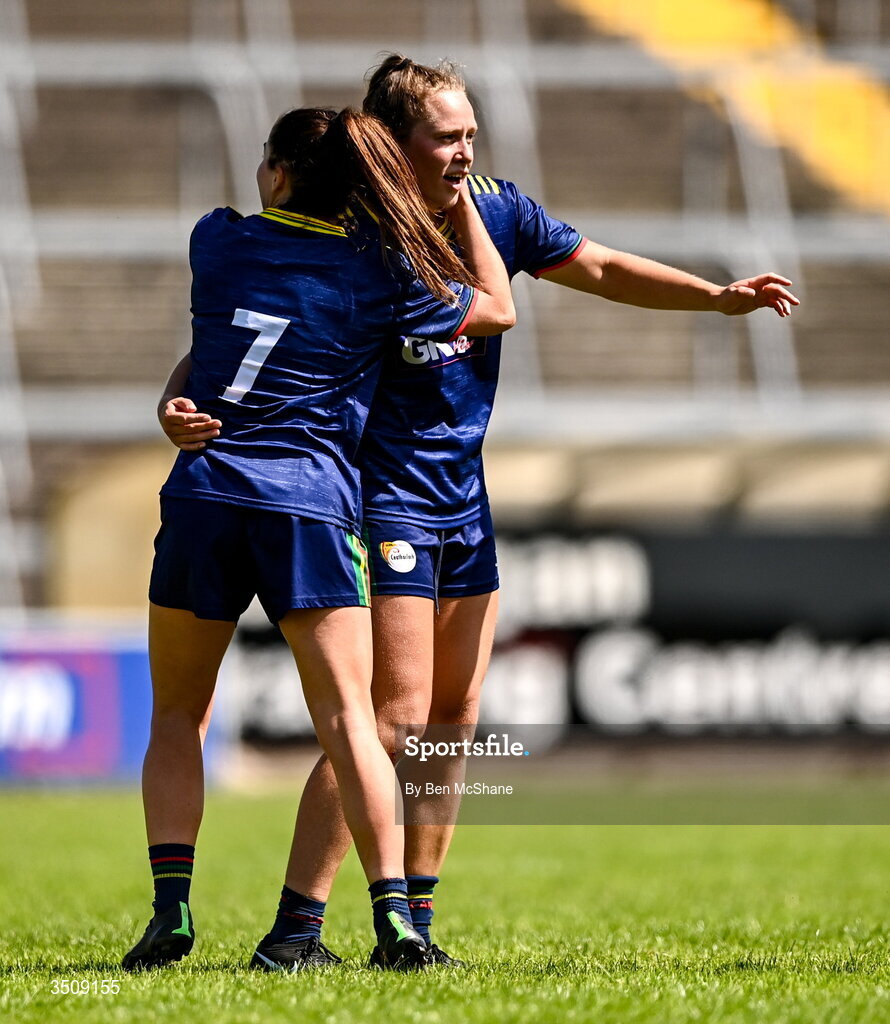 12 July 2026; Ruth Bermingham, left, and Clíodhna Ní Shé of Carlow celebrate after the LGFA TG4 All-Ireland Junior Championship semi-final match between Carlow and Derry at Kingspan Breffni in Cavan. Photo by Ben McShane/Sportsfile