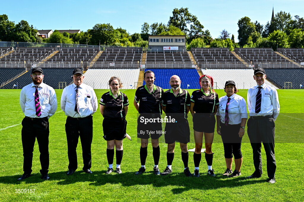 12 July 2026; Referee Gus Chapman, fourth from right, wth his officials before the LGFA TG4 All-Ireland Intermediate Championship semi-final match between Down and Fermanagh at St Tiernach’s Park in Clones, Monaghan. Photo by Tyler Miller/Sportsfile