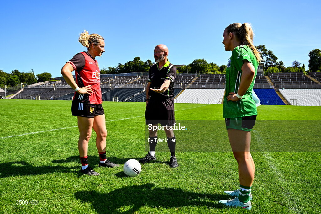 12 July 2026; Referee Gus Chapman with captains Laoise Duffy of Down and Shannan McQuade of Fermanagh before the LGFA TG4 All-Ireland Intermediate Championship semi-final match between Down and Fermanagh at St Tiernach’s Park in Clones, Monaghan. Photo by Tyler Miller/Sportsfile