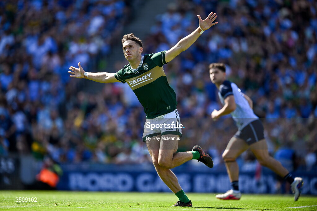 12 July 2026; David Clifford of Kerry celebrates scoring a third minute goal during the GAA Football All-Ireland Senior Championship semi-final match between Dublin and Kerry at Croke Park in Dublin. Photo by Ray McManus/Sportsfile Photo by Ray McManus/Sportsfile