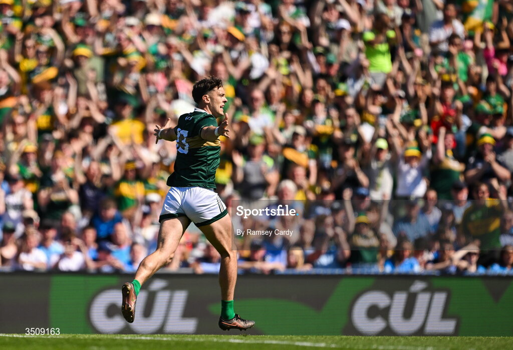 12 July 2026; David Clifford of Kerry celebrates after scoring his side's first goal during the GAA Football All-Ireland Senior Championship semi-final match between Dublin and Kerry at Croke Park in Dublin. Photo by Ramsey Cardy/Sportsfile