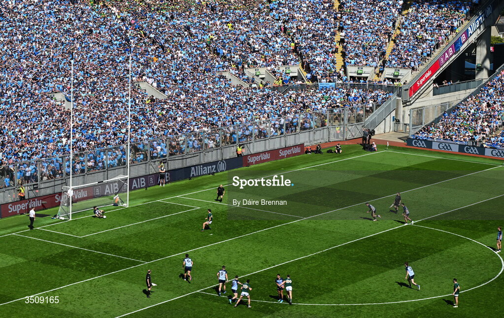 12 July 2026; Dublin goalkeeper Evan Comerford saves a penalty kick by David Clifford of Kerry during the GAA Football All-Ireland Senior Championship semi-final match between Dublin and Kerry at Croke Park in Dublin. Photo by Dáire Brennan/Sportsfile