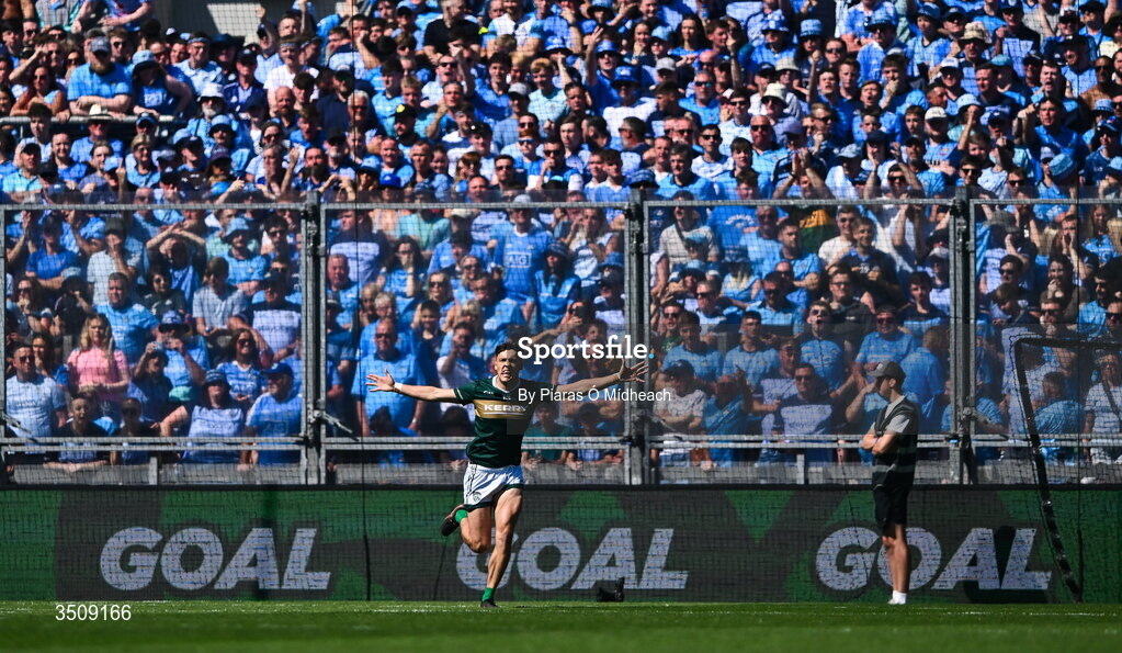 12 July 2026; David Clifford of Kerry runs away from Hill 16 as he celebrates scoring his side's first goal during the GAA Football All-Ireland Senior Championship semi-final match between Dublin and Kerry at Croke Park in Dublin. Photo by Piaras Ó Mídheach/Sportsfile